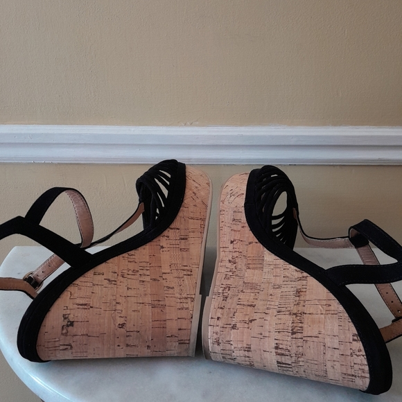 H&M Black  Open Toe Wedge Cork Heel Strappy Sandals Size 9.5 - Picture 5 of 8